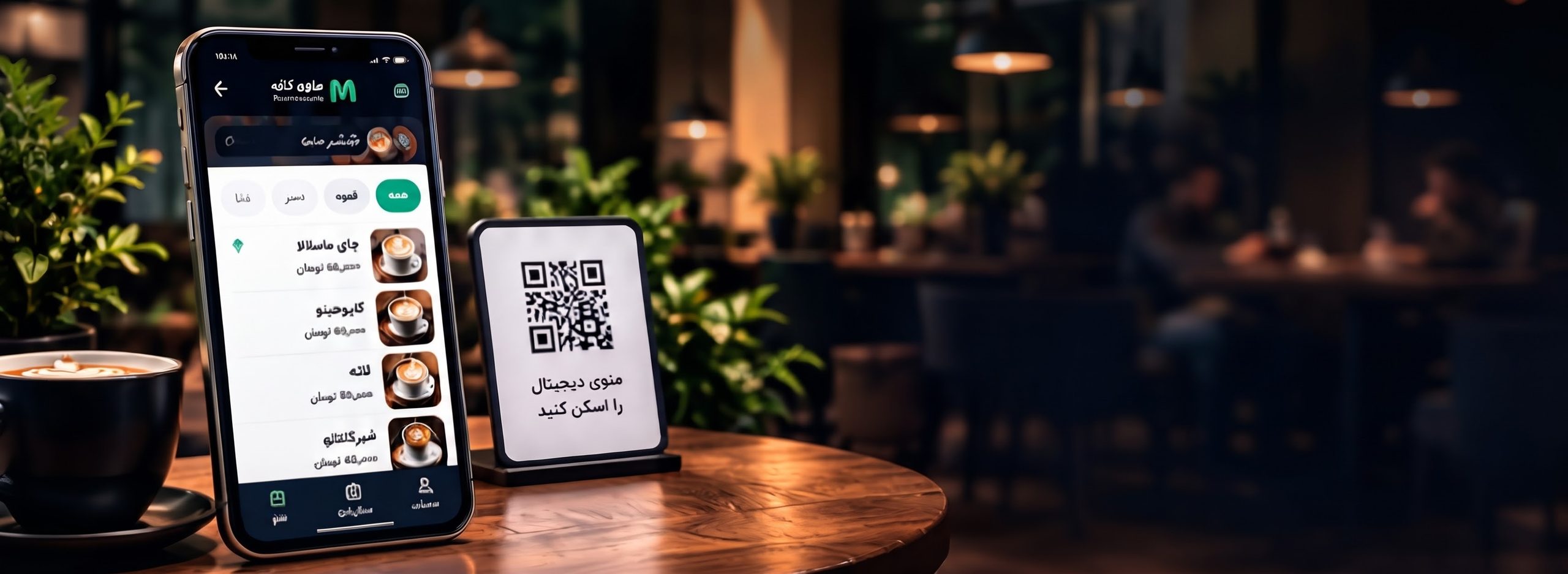 گوشی روی میز کافه با منوی دیجیتال منوتیفای و تابلوی کد QR برای اسکن